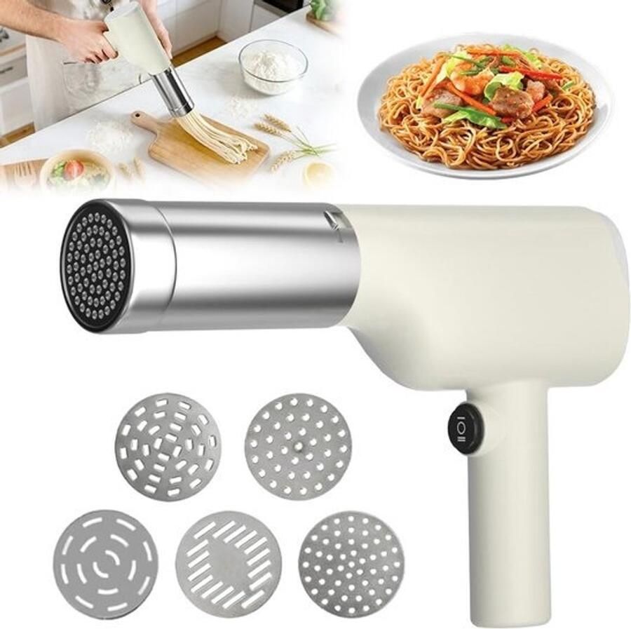 Draadloze elektrische pastamaker handheld en draagbaar 40 W voor spaghetti en ijs inclusief 5 drukmallen voor gezinnen reizen en picknicks
