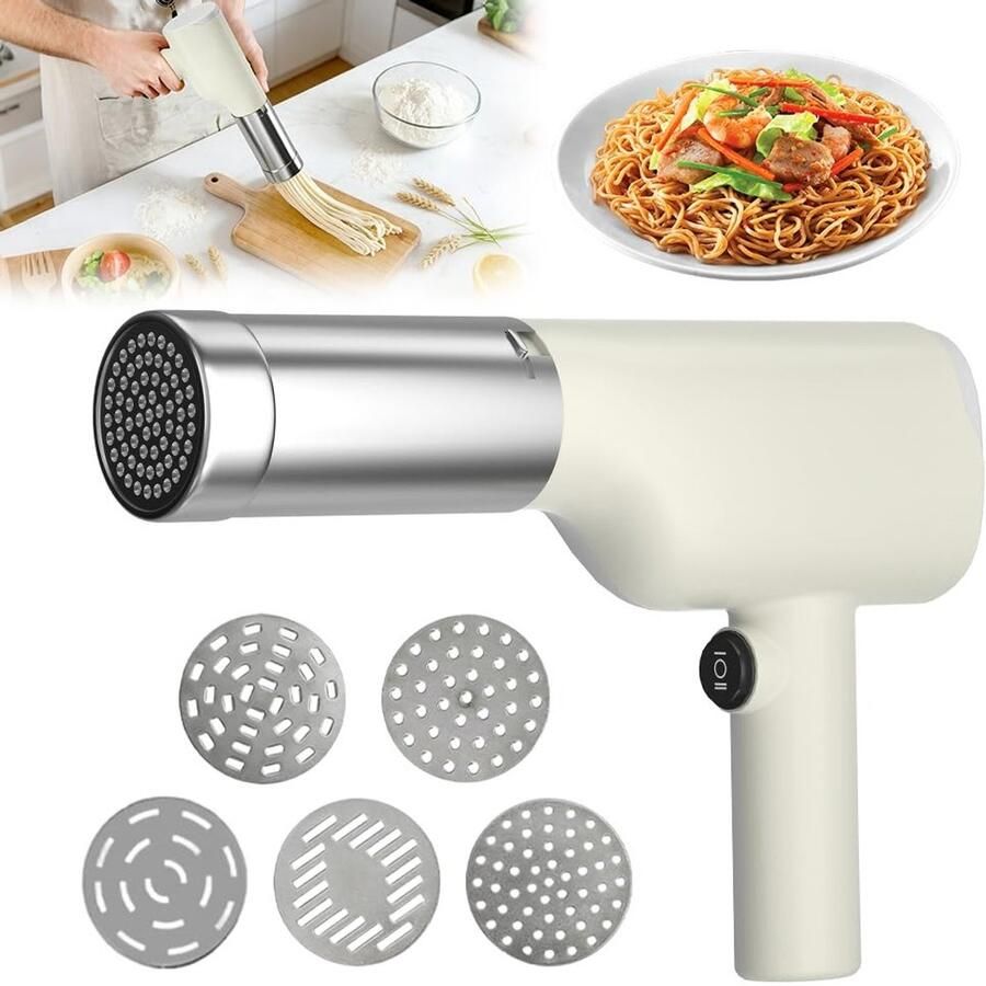 Draadloze elektrische pastamaker handzaam en draagbaar ideaal voor spaghetti en ijs pasta met 5 persmallen voor thuis reizen en picknicks