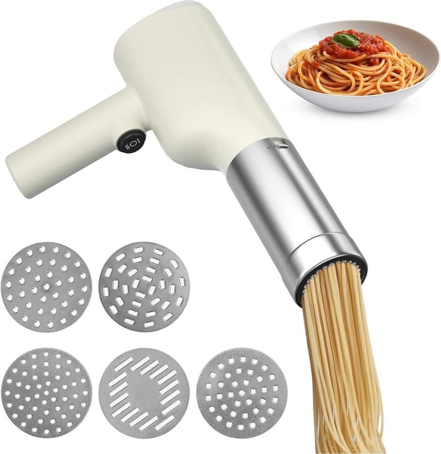 Draadloze elektrische pastamaker met 5 pastavormen en maatbekers ideaal voor thuis reizen en picknicks