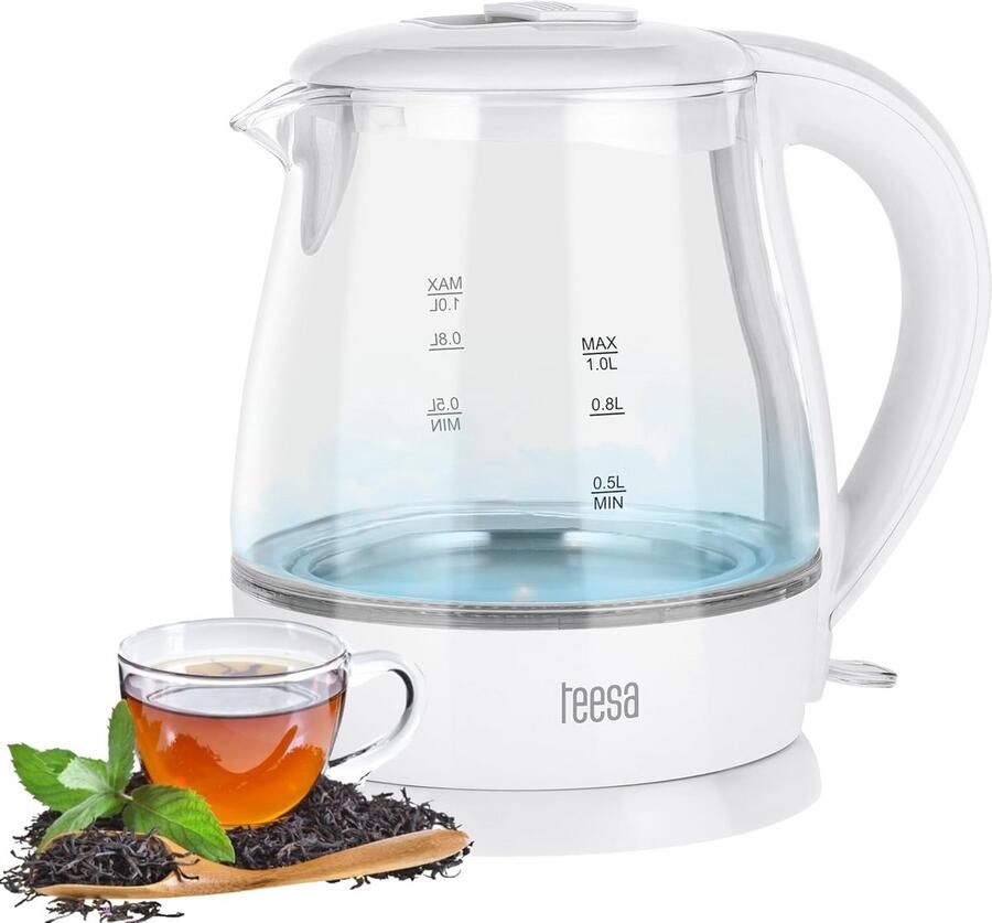 Draadloze Glazen Waterkoker 1 Liter met Blauwe Verlichting Wit