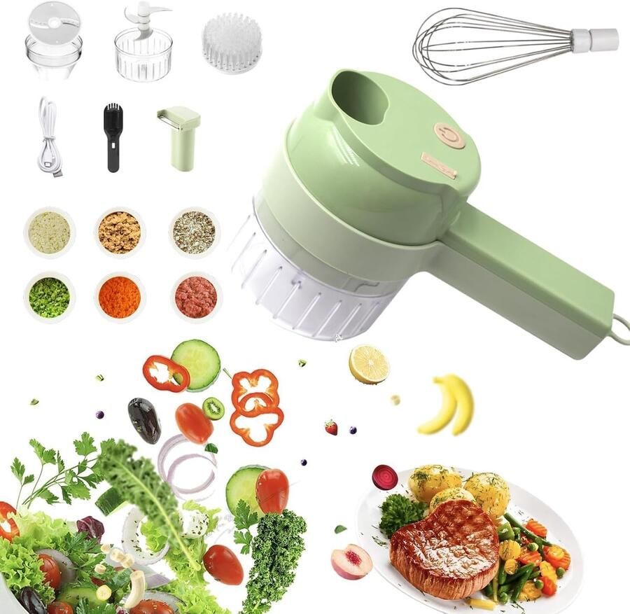 Draadloze Groente Hakmolen 4-in-1 Elektrisch voor Hakken Snijden en Kloppen Met Reinigingsborstel en Oplaadkabel 1 Stuk