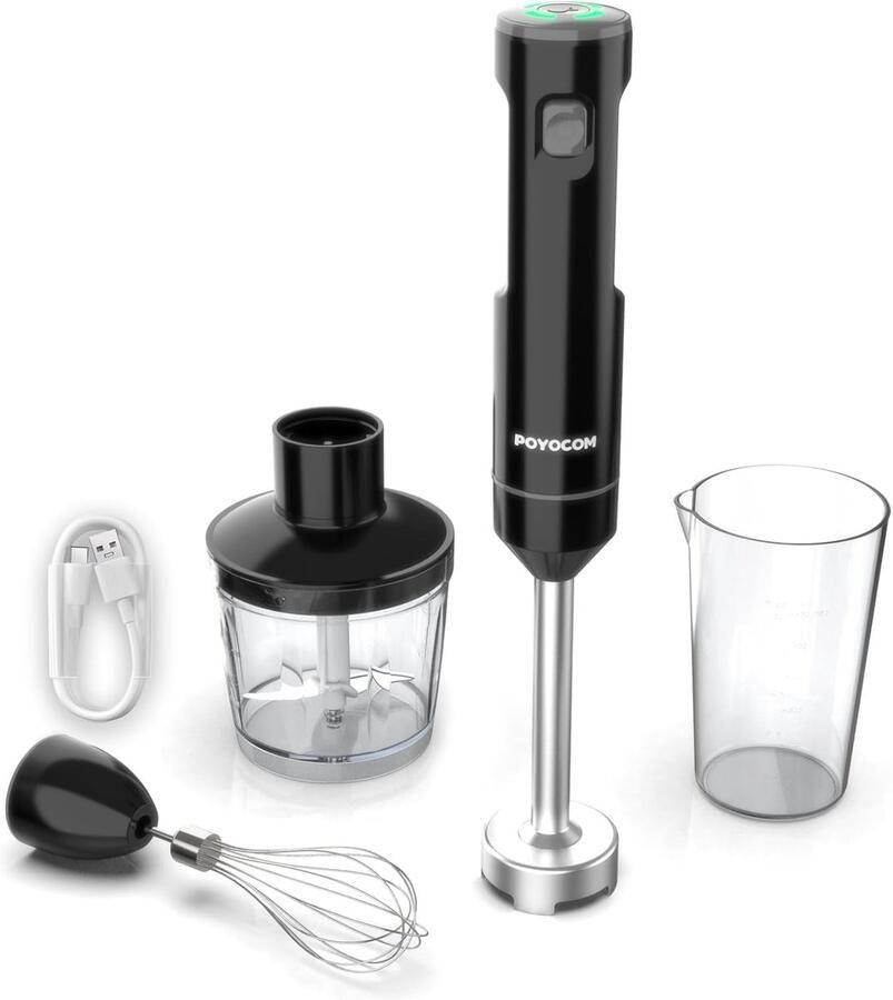 Draadloze Staafmixer Variabele Snelheid – Oplaadbaar – Inclusief Hakmolen 500ml 600ml Mengbeker Garde & Melkopschuimer – Voor Smoothies Soep & Babyvoeding – Zwart