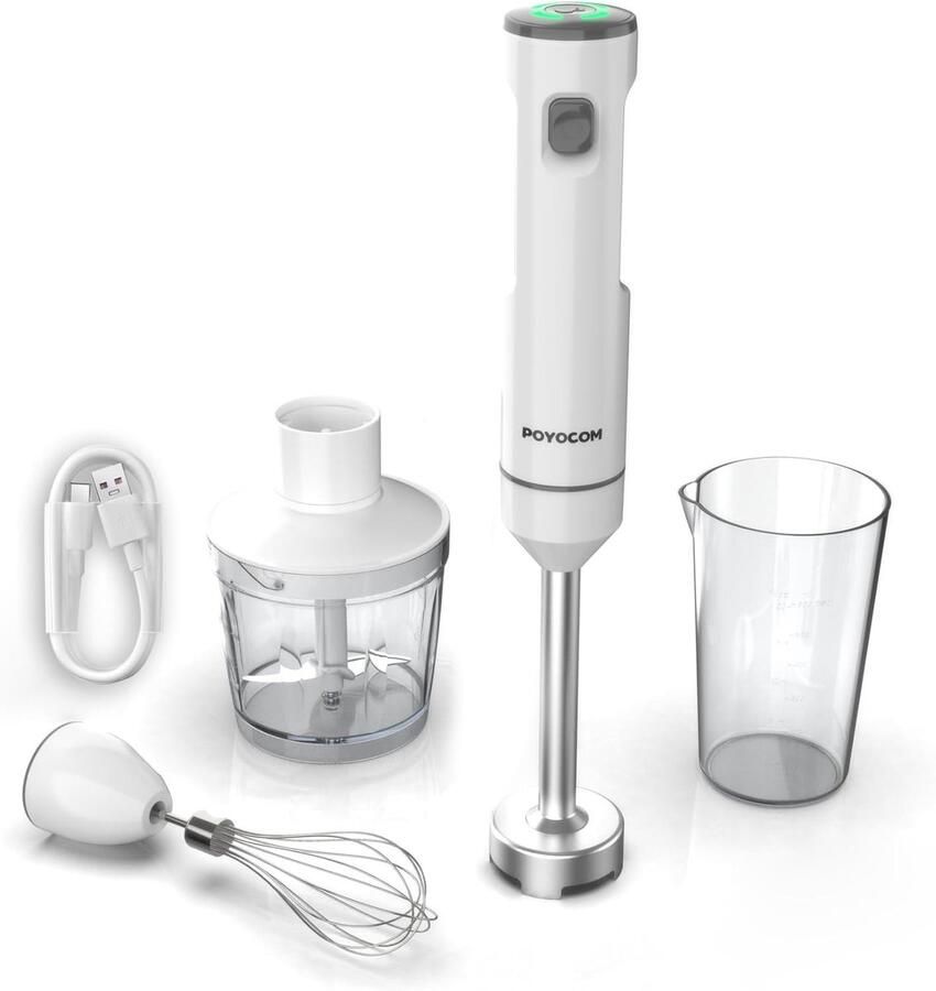 Draadloze Staafmixer Wit Oplaadbaar met Type-C Kabel Met Hakmolen en Garde Voor Smoothies en Soepen