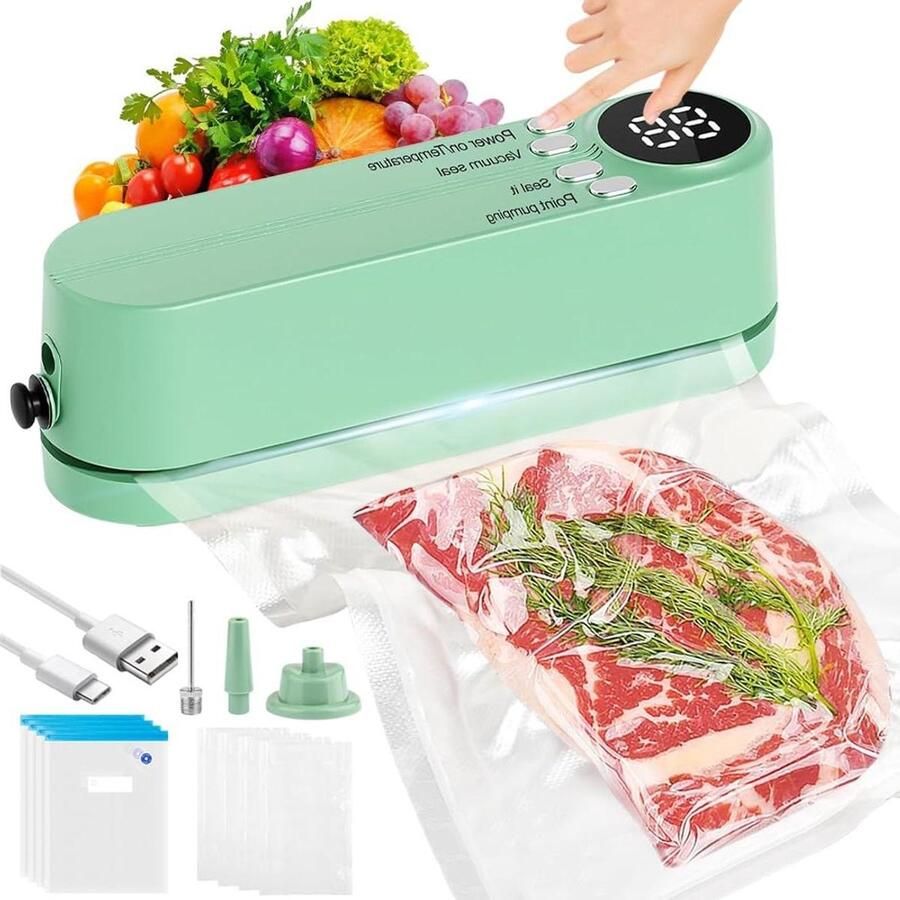 Draadloze Vacuümsealer Voedselsealer Zaksealer Voedsel Vers Houden 3 Dagelijkse Gebruiksmodi 16.5 cm Groen