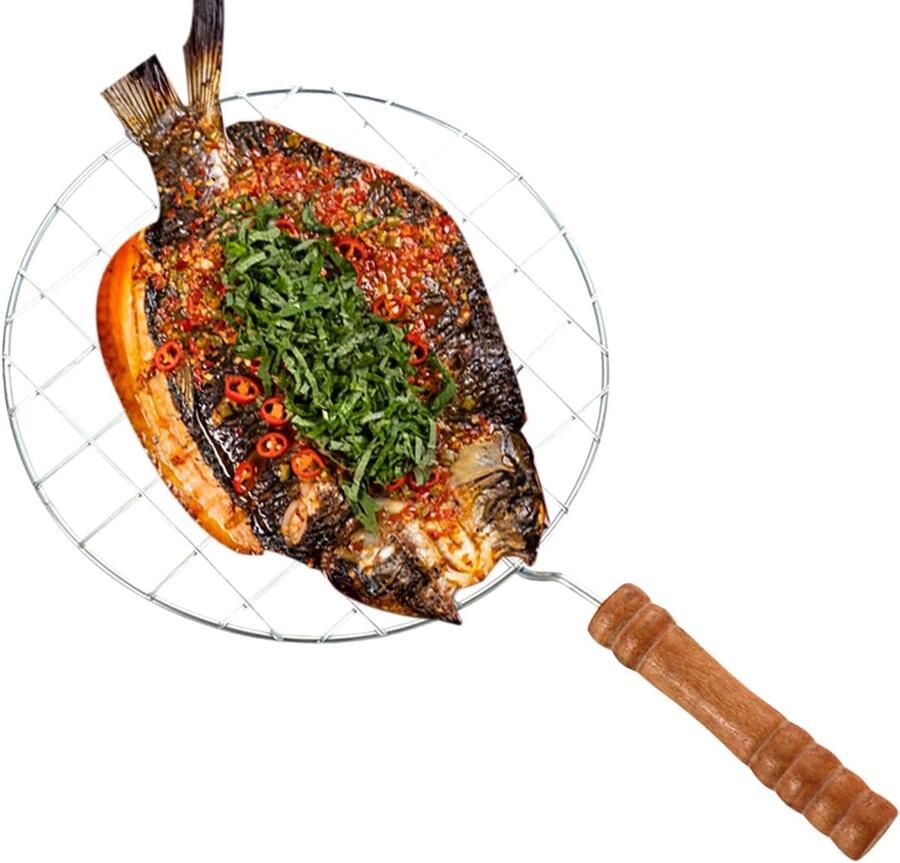 Draadrooster Grillnet Koken en Grillen Houten Handvat 19 cm Diameter Zilverkleurig