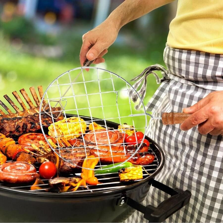 Draadrooster Standaard Grillrek Keuken Buiten Koken Roestvrij Staal 19 cm Diameter Houten Handvat