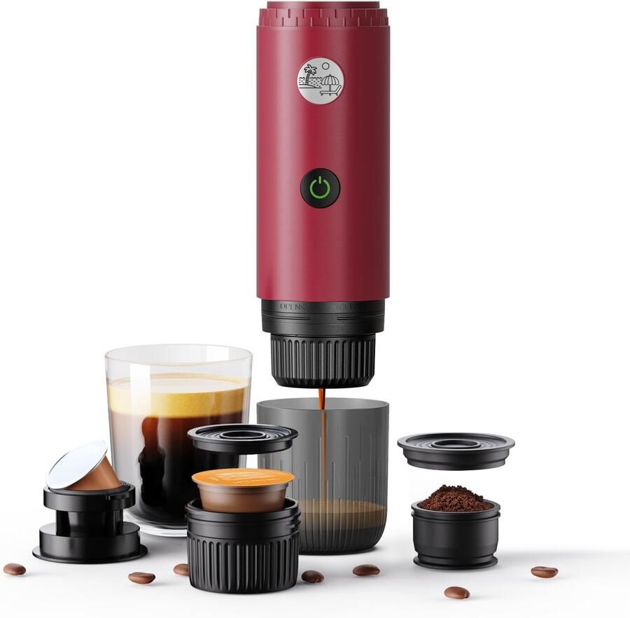 Draagbaar 3-in-1 koffiezetapparaat draagbaar 19 bar espressomachine met automatische verwarming compatibel met en -capsules en gemalen koffie voor kamperen reizen en thuis (rood)