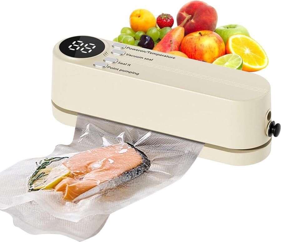 Draagbaar 60 KPA folielasapparaat met 3 temperatuurniveaus 5 zakken 1 opblaasadapter en 1 luchtafzuigadapter voor snackconservering en het bewaren van levensmiddelen (beige)