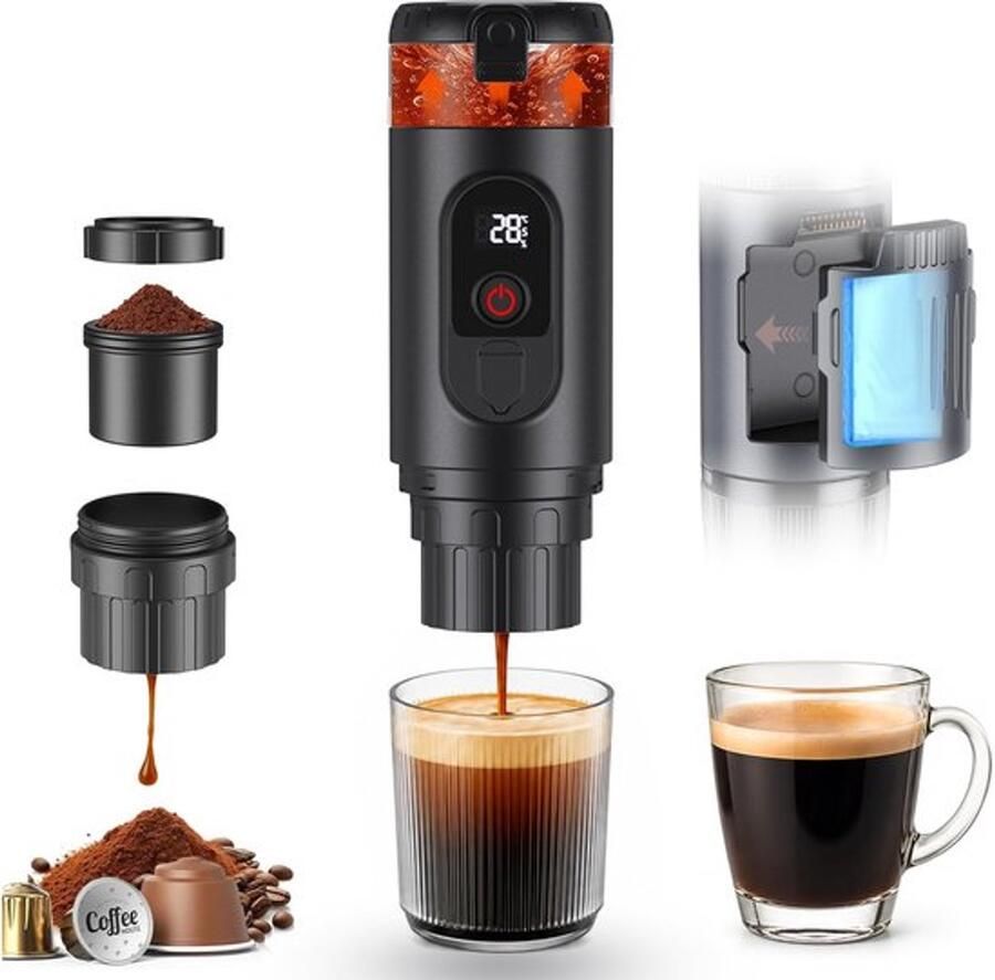 Draagbaar espressomachine 2-in-1 accu-koffiezetapparaat 20 bar mini-koffiezetapparaat 7650 mAh verwisselbare accu en USB-C snellading compatibel met gemalen koffie en capsules voor wandelen
