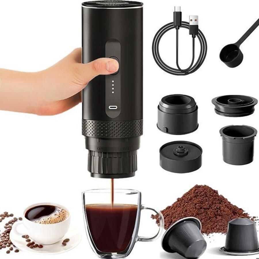 Draagbaar koffiezetapparaat 20 bar druk 2-in-1 koffiezetapparaat automatische opwarmtijd van 4-6 minuten grote capsules gemalen koffie zwarte koffie