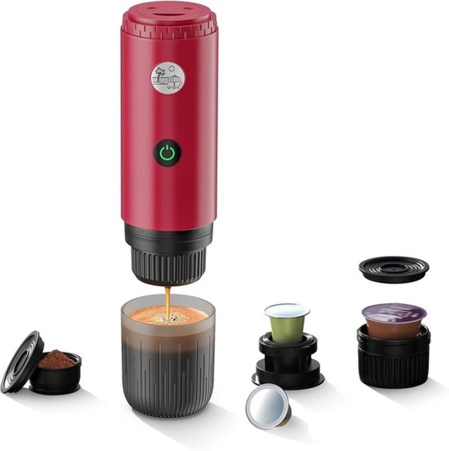 Draagbaar koffiezetapparaat 3-in-1 19 bar espressomachine met automatische verwarming compatibel met en -capsules en gemalen koffie voor kamperen wandelen reizen en thuis (rood)