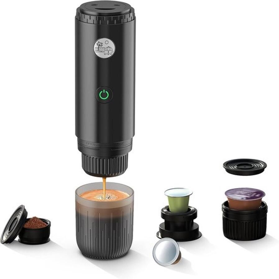 Draagbaar koffiezetapparaat 3-in-1 19 bar espressomachine met automatische verwarming compatibel met en -capsules en gemalen koffie voor kamperen wandelen reizen en thuis (zwart)