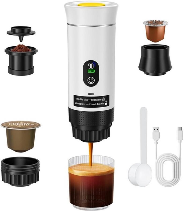 Draagbaar koffiezetapparaat 3-in-1 accu-espressomachine capsulemachine compatibel met capsules en gemalen koffie campergadgets en campinggeschenken (wit)