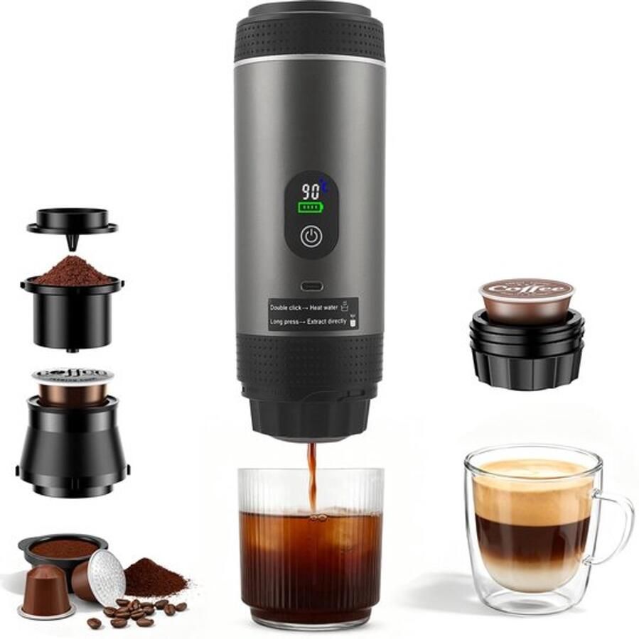 Draagbaar koffiezetapparaat 3-in-1 accu-koffiezetapparaat met elektrische zelfverwarming via USB C compatibel met capsule en gemalen koffie mini-espressomachine voor camping auto reizen (grijs)