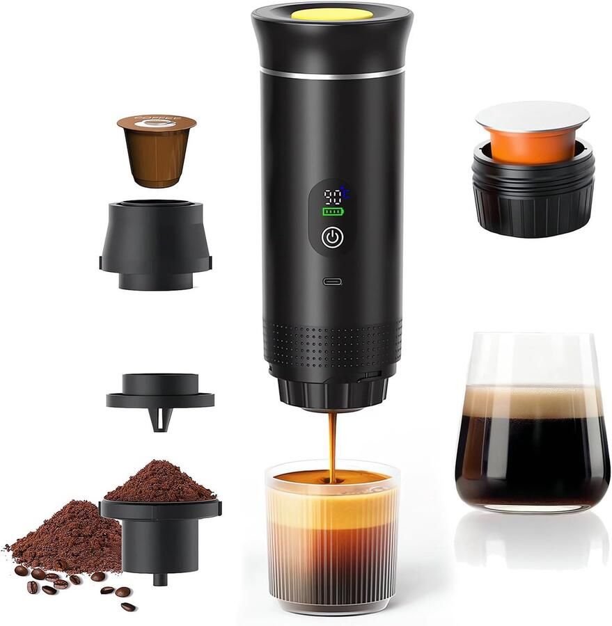 Draagbaar koffiezetapparaat 3-in-1 elektrisch espressoapparaat oplaadbaar geschikt voor gebruik op de camping en in de auto warmt snel op geschikt voor K-Cup koffiecapsules en koffiedik onmisbaar op reis