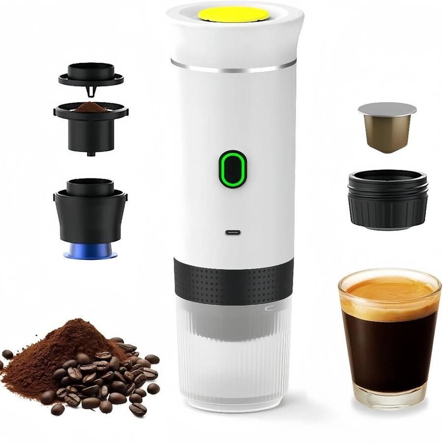 Draagbaar koffiezetapparaat 3-in-1 elektrisch koffiezetapparaat geschikt voor koffiecapsules en gemalen koffie ondersteunt koud zetten en verwarmen (wit)