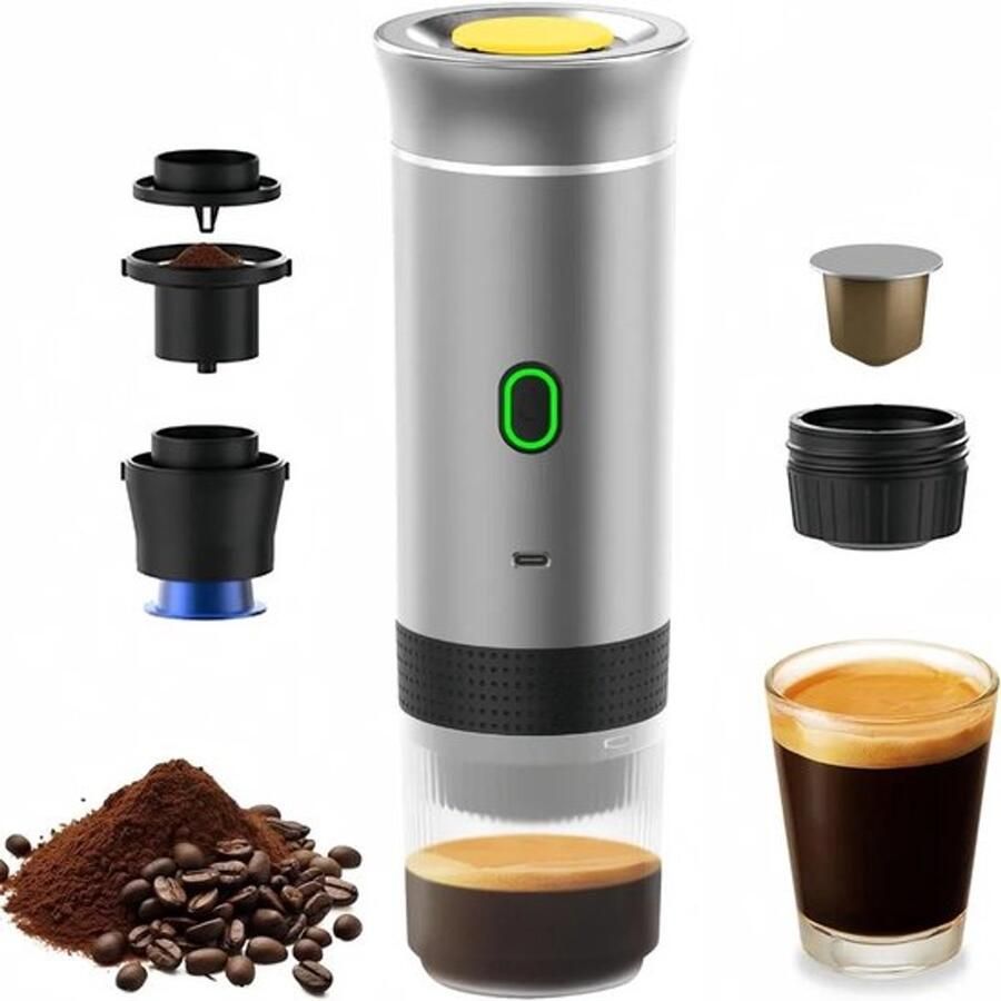 Draagbaar koffiezetapparaat 3-in-1 elektrisch koffiezetapparaat geschikt voor koffiecapsules en gemalen koffie ondersteunt koud zetten en verwarmen (zilver)