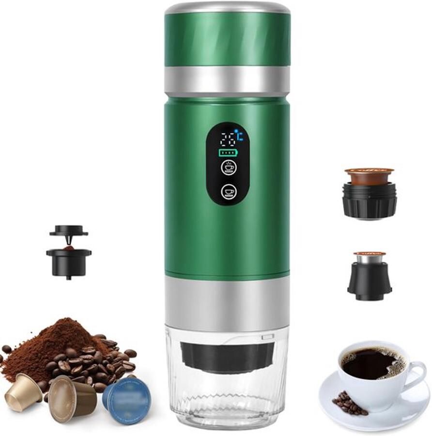 Draagbaar koffiezetapparaat 3-in-1 elektrisch oplaadbaar espressomachine digitaal display temperatuur voor kleine of grote capsules en gemalen koffie voor kantoor reizen kamperen