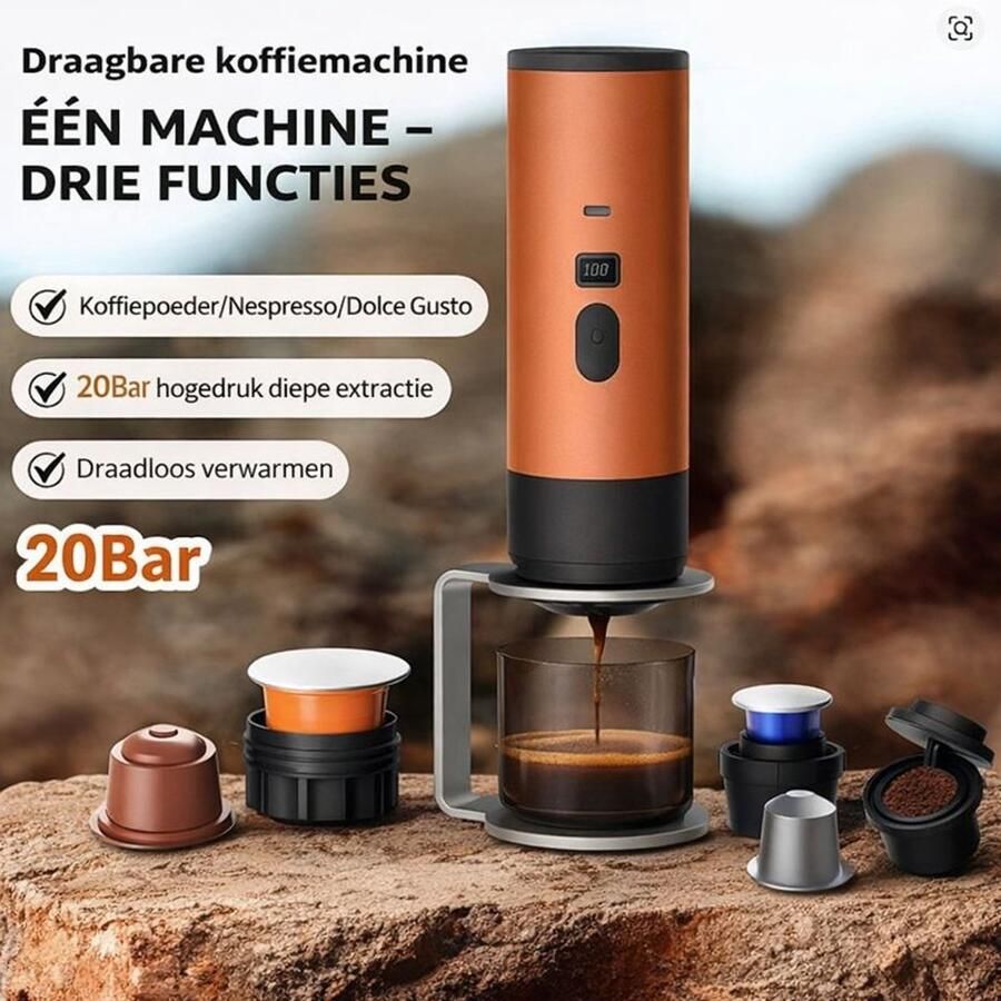 Draagbaar koffiezetapparaat 3-in-1 inc. beker 1 kop Oranje Oplaadbaar draagbaar reis koffiezetapparaat 12V espressomachine voor capsule en gemalen koffie portable Nespresso cups Kamperen reizen vakantie kantoor auto thuis
