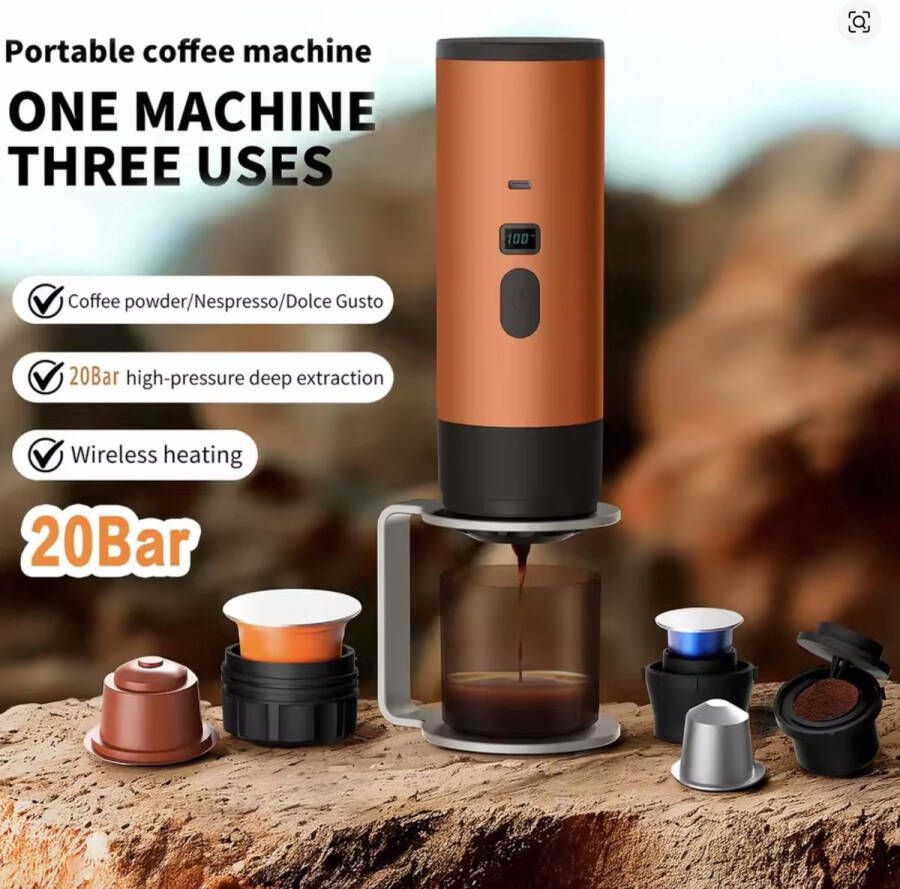 Draagbaar koffiezetapparaat 3-in-1 inc. beker 1 kop Oranje Oplaadbaar draagbaar reis koffiezetapparaat 12V espressomachine voor capsule en gemalen koffie portable Nespresso cups Kamperen reizen vakantie kantoor auto thuis