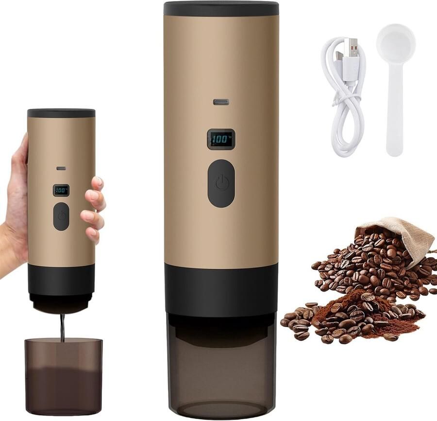 Draagbaar koffiezetapparaat 3-in-1 inc. beker 1 kop Oranje Oplaadbaar draagbaar reis koffiezetapparaat 12V espressomachine voor capsule en gemalen koffie portable Nespresso cups Kamperen reizen vakantie kantoor auto thuis - Foto 3