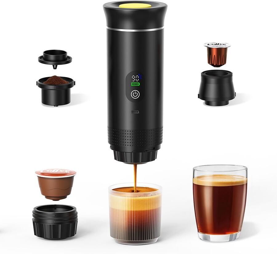Draagbaar Koffiezetapparaat 3 in 1 Koffiezetapparaat 12 Volt Portable Koffiemaker Camping- Oplaadbaar USB-C Camping Espressomachine Geschikt voor Capsules en Gemalen Koffie