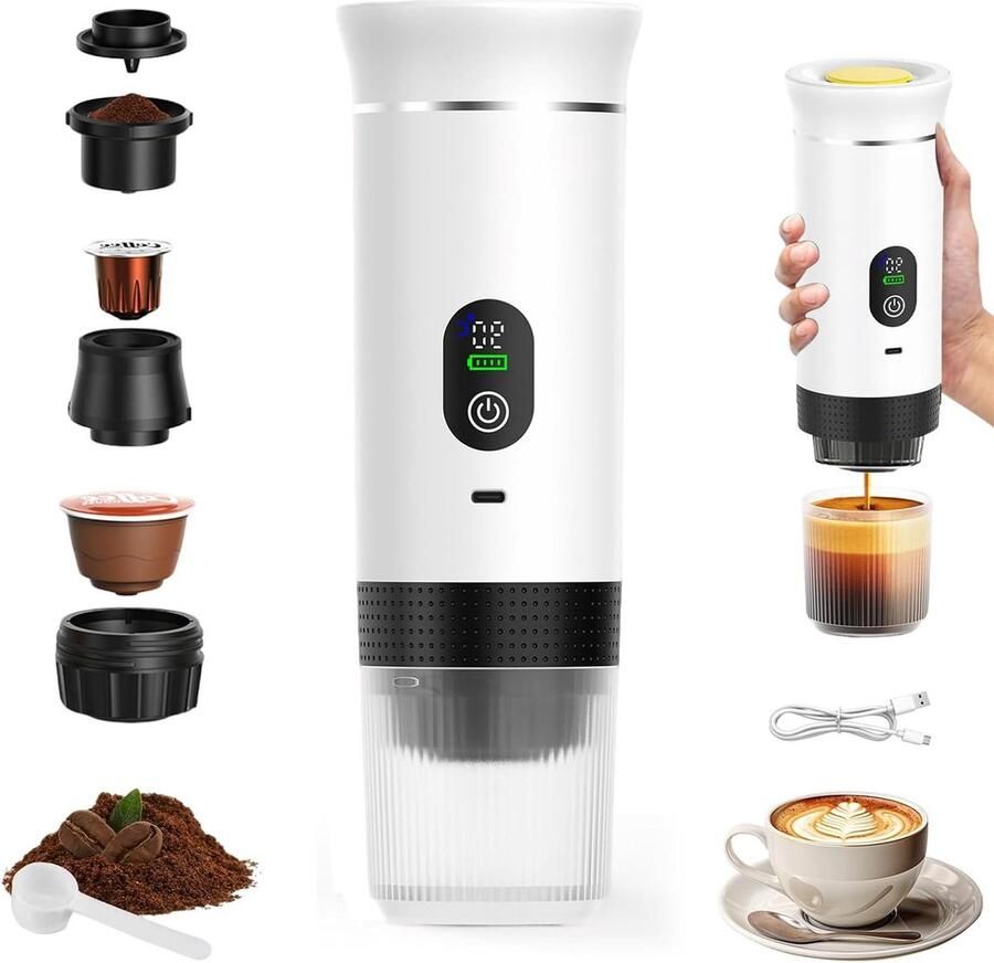 Draagbaar Koffiezetapparaat 3-in-1 Machine Koffie Maken Oplaadbaar en Draadloos 90 ml Wit