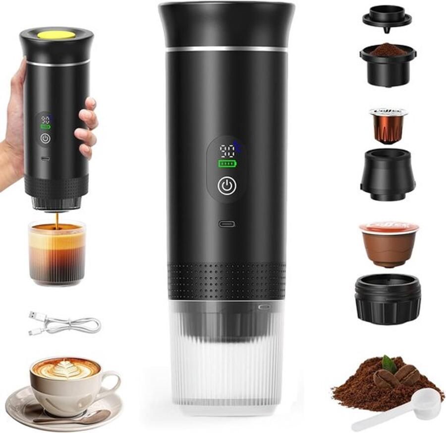 Draagbaar koffiezetapparaat 3-in-1 Oplaadbaar draagbaar reiskoffiezetapparaat 20-25 uur 12V espressomachine voor capsule-Capaciteitsupgrade -CNC Verhoogde capaciteit-gemalen koffie voor kamperen reizen kantoor auto en thuis (zwart)