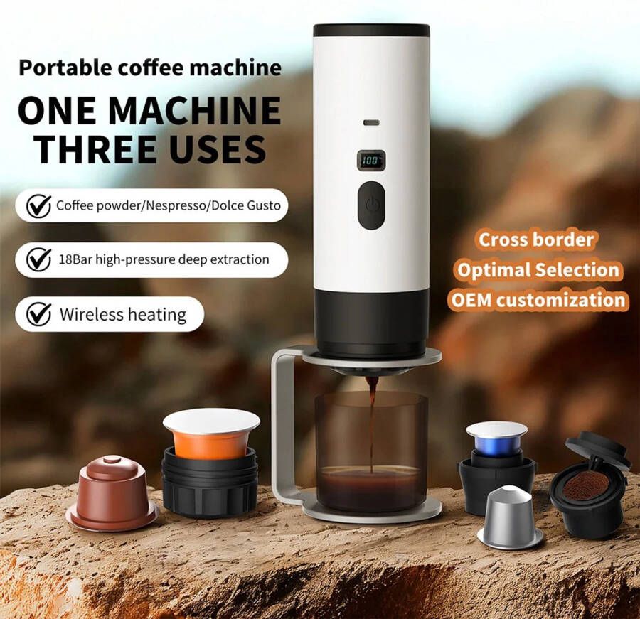 Draagbaar koffiezetapparaat 3-in-1 Wit Oplaadbaar draagbaar reiskoffiezetapparaat 12V espressomachine voor capsule-Capaciteitsupgrade -CNC Verhoogde capaciteit-gemalen koffie en koffie cups voor kamperen reizen kantoor auto en thuis