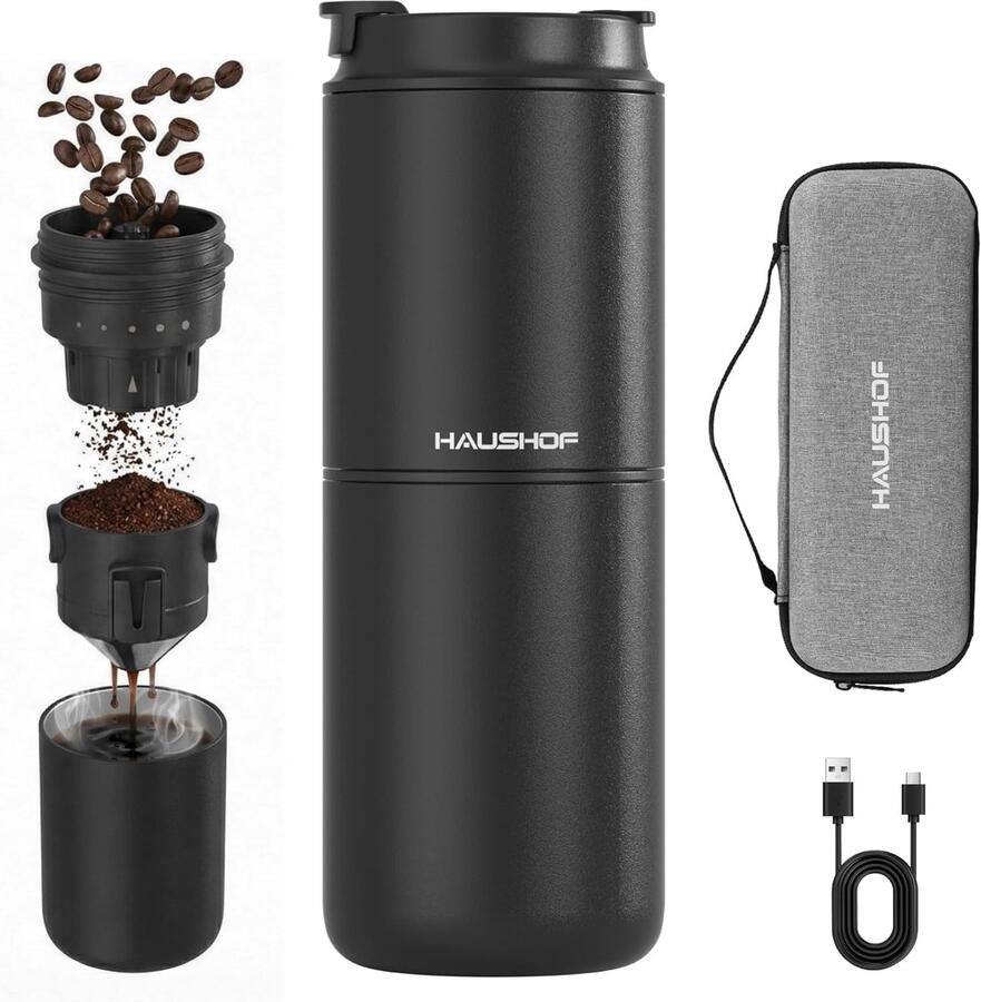 Draagbaar Koffiezetapparaat All-in-one Koffie Vers Gemalen Koffie Geïntegreerde Molen 400 ml Zwart