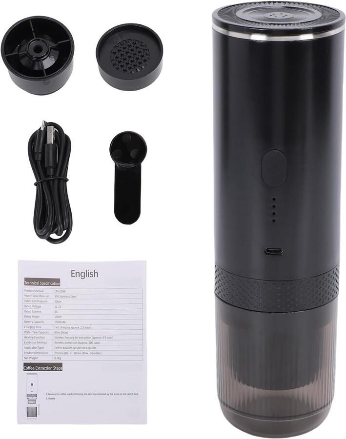 Draagbaar Koffiezetapparaat Compacte Machine Koffie Zetten Dubbele Functionaliteit 7500mAh Batterij Zwart