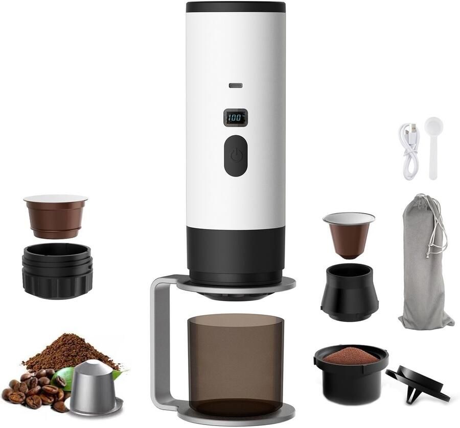 Draagbaar Koffiezetapparaat Draadloos voor in de Auto 12 Volt Espress Capsule Koffie Gemalen Koffie Cups Oplaadbaar Draagbare Koffiemachine Wit