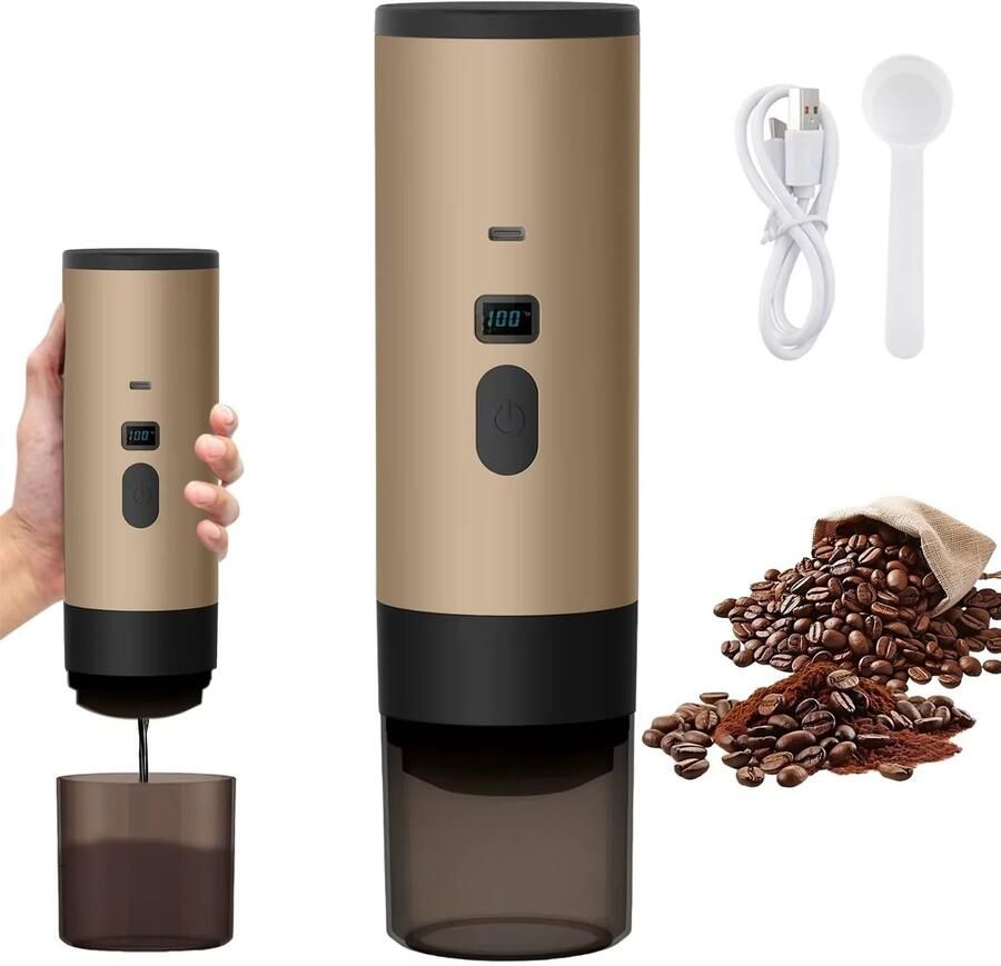 Draagbaar Koffiezetapparaat Draagbare Koffiemaker 3 in 1 Inclusief Beker Oplaadbaar 12 V Koffiezetapparaat Reizen Kamperen Auto Thuis Bruin