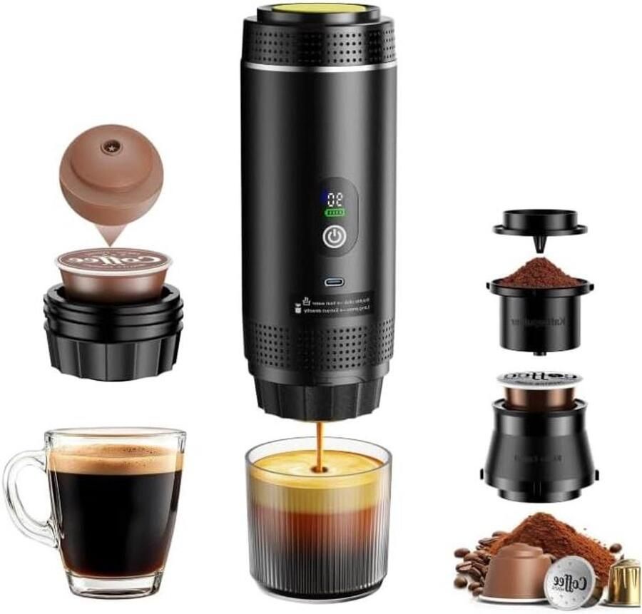 Draagbaar Koffiezetapparaat Elektrisch Apparaat Overal Koffie Maken Led Temperatuur Display 60 Milliliter Zwart