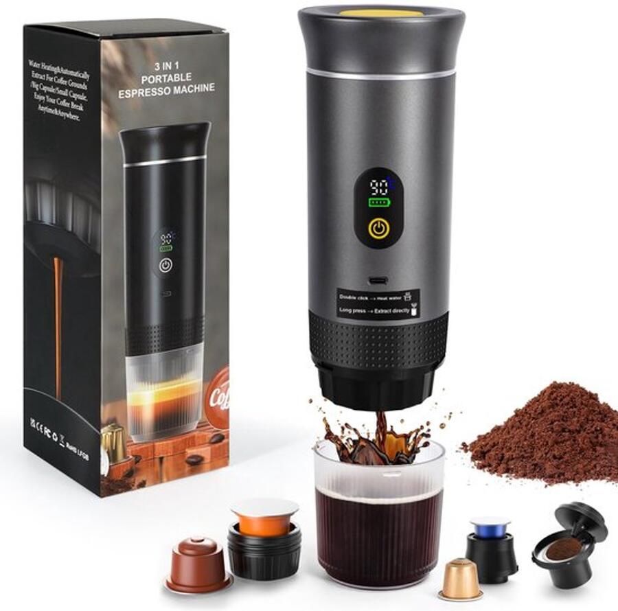Draagbaar koffiezetapparaat elektrisch espressomachine 3-in-1 capsulemachine compatibel met koffiecapsules en koffiepoeder direct opwarmen mini-koffiezetapparaat voor camping auto reizen