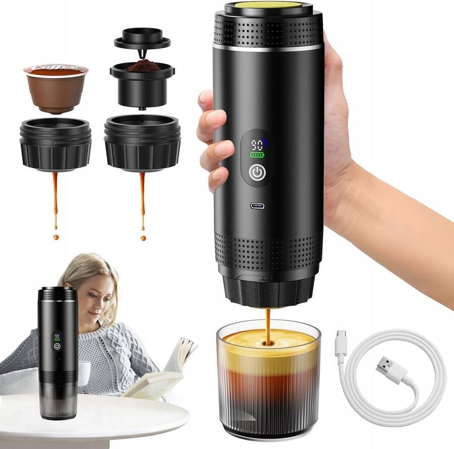Draagbaar Koffiezetapparaat Mini Koffiemachine Capsule Koffiezetter 20 Bar 70 Sec Extractie Koffiecups & Gemalen Koffie Espresso Oplaadbaar USB-C Voor Thuis & Kantoor & Kamperen & Reis Zwart