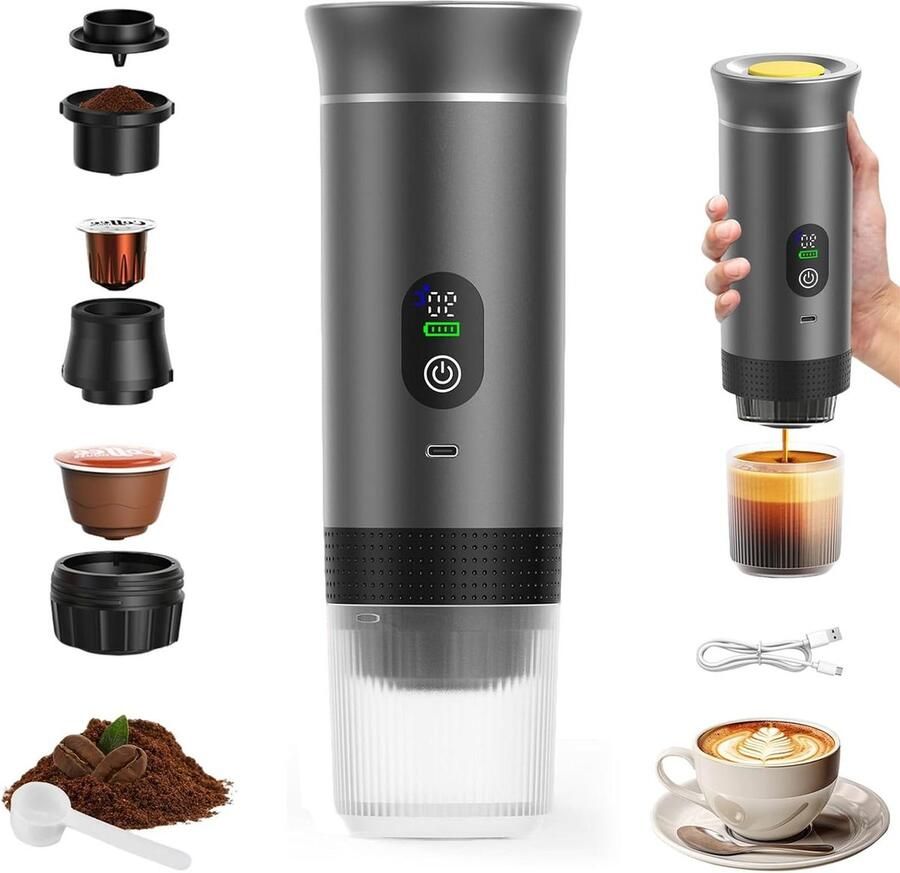 Draagbaar Koffiezetapparaat Reis Espresso Machine Koffie Maken Onderweg 3-in-1 Functionaliteit 90 ml Capaciteit Grijs