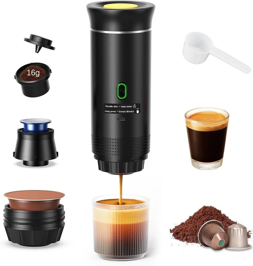 Draagbaar Koffiezetapparaat Reis Koffie Overal Koffie Maken 3-in-1 Systeem 7500 mAh Batterij Zwart