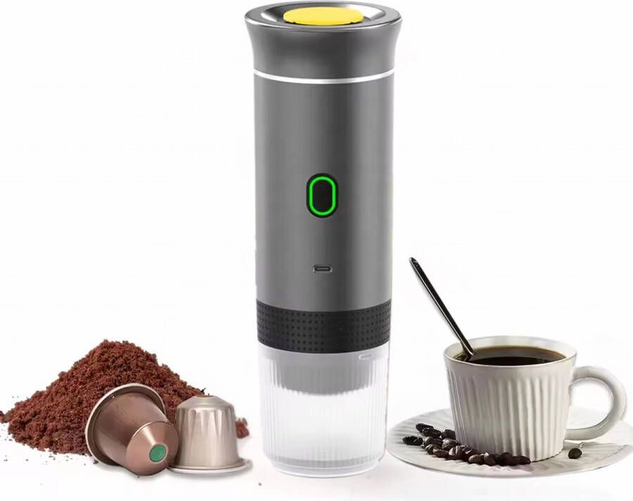 Draagbaar Koffiezetapparaat voor Onderweg Draadloos voor in de Auto 12 Volt Espresso Nespresso Dolce Gusto Capsule Koffie Oploskoffie Cups Oplaadbaar Grijs