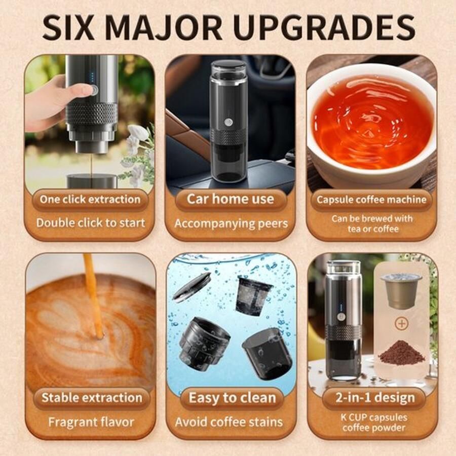 Draagbaar Koffiezetapparaat voor Onderweg Draadloos voor in de Auto-Capsule Koffie Gemalen Koffie Cups Oplaadbaar Draagbare Koffiemachine Zwart-24.5x7.5x7.5cm - Foto 4