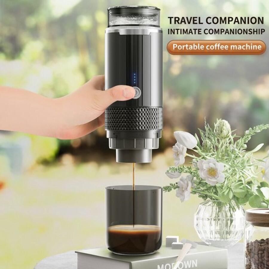 Draagbaar Koffiezetapparaat voor Onderweg Draadloos voor in de Auto-Capsule Koffie Gemalen Koffie Cups Oplaadbaar Draagbare Koffiemachine Zwart-24.5x7.5x7.5cm