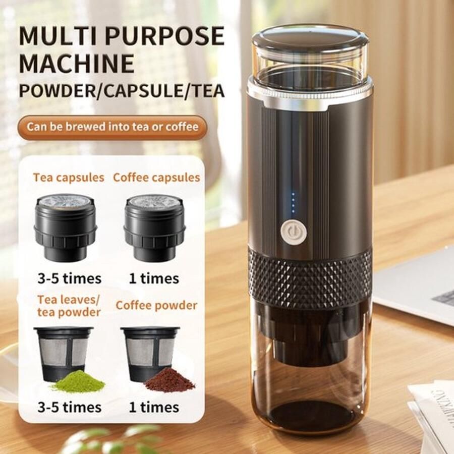 Draagbaar Koffiezetapparaat voor Onderweg Draadloos voor in de Auto-Capsule Koffie Gemalen Koffie Cups Oplaadbaar Draagbare Koffiemachine Zwart-24.5x7.5x7.5cm - Foto 2