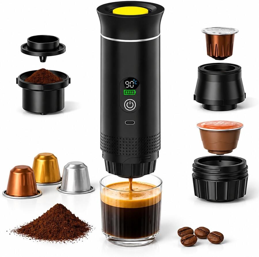 Draagbaar Koffiezetapparaat – Zelfverwarmend – Voor Capsules en Gemalen Koffie – USB-C – 80 ml – Zwart