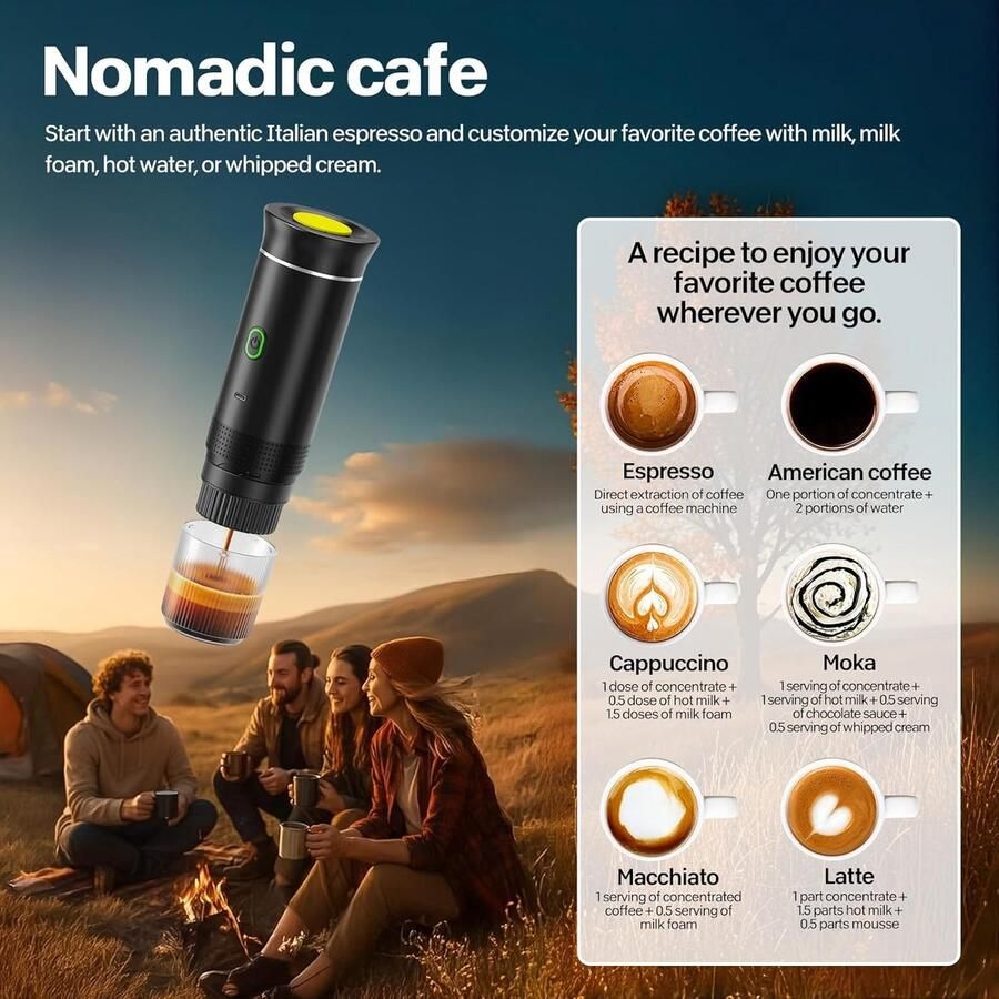 Draagbaar Koffiezetapparaat Zwart Snelle Verwarming 3-in-1 Functionaliteit Voor Thuis Kantoor en Camping