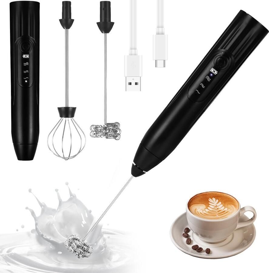 Draagbare 2-in-1 Elektrische Melkopschuimer & Klopper USB Oplaadbaar 3 Snelheden 2 Opzetstukken voor Matcha Latte Cappuccino Eieren en Meer