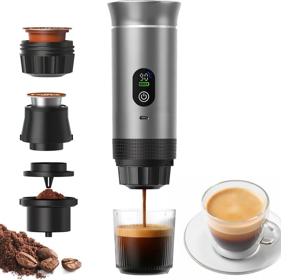 Draagbare 3-in-1 espressomachine zelfverwarmend en oplaadbaar met slim display — Geschikt voor gemalen koffie kleine en grote capsules; mini-machine voor op reis en camping 20 bar extractie 80 ml kop