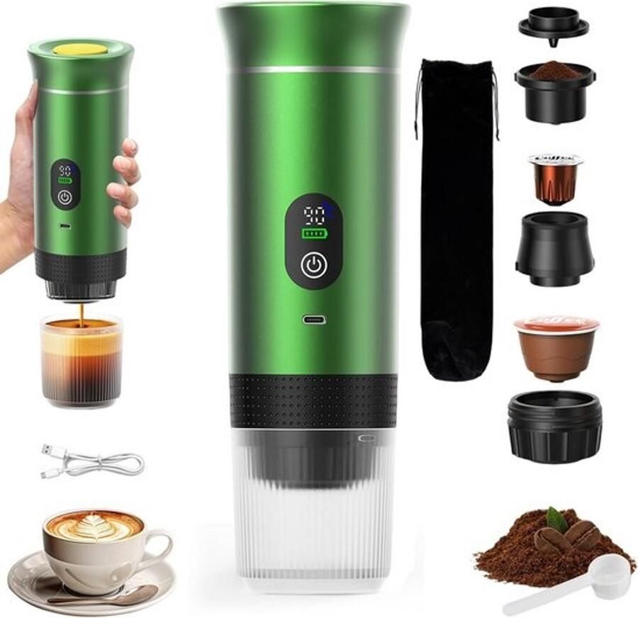 VHV -Draagbaar koffiezetapparaat 3-in-1 Oplaadbaar draagbaar reiskoffiezetapparaat 20-25 uur 12V espressomachine voor capsule-Capaciteitsupgrade -CNC Verhoogde capaciteit-gemalen koffie voor kamperen reizen kantoor auto en thuis (Groen)