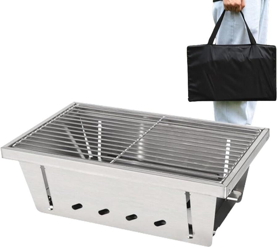 Draagbare BBQ Grill Buiten Kooktoestel Outdoor Koken Roestvrij Staal 41x26x14.3cm Zilver