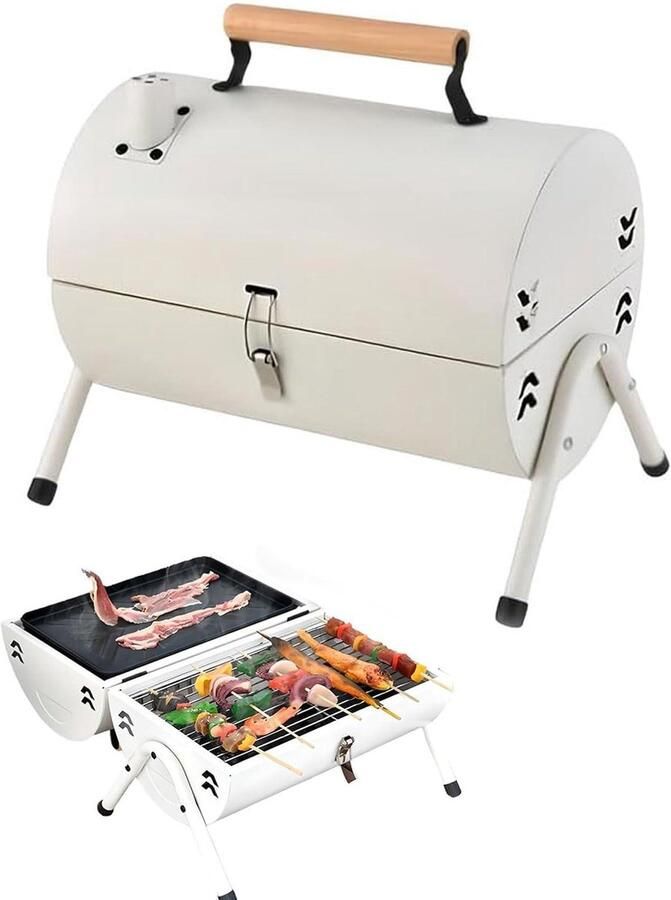 Draagbare BBQ Grill Dubbelzijdige Grill Buiten Koken Dubbelzijdige Grillruimte 39 x 27 x 28 cm Wit