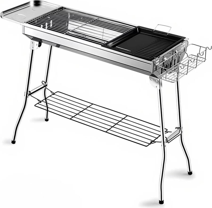 Draagbare BBQ Grill Opvouwbare Barbecue Outdoor Koken Met Koekenpan Voor 5+ Personen Zilver